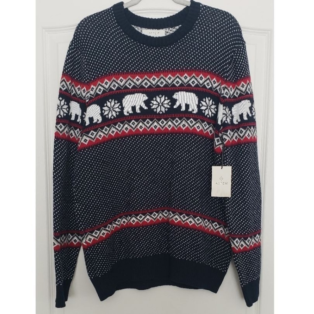 Aspen Polar Bear Fair Isle Cotton Crewneck Sweater Navy Blue Red Size L NWT